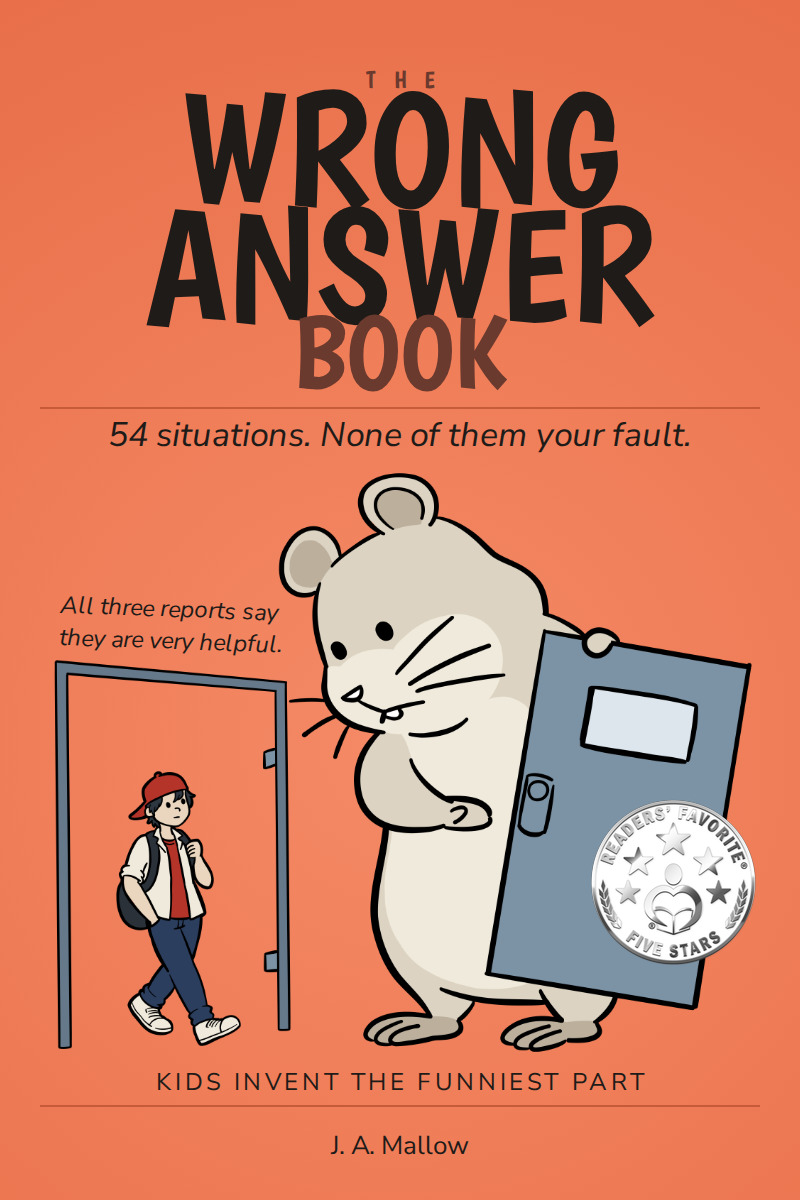 Cover of The Wrong Answer Book: a giant, helpful hamster holding a door it has taken off its hinges, while a boy walks through the empty doorway.